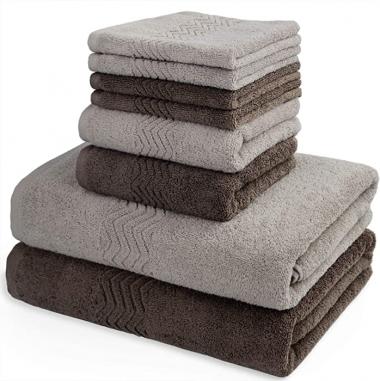 Cleanbear Extra Soft 8 Piece Bath Towel Set of Assorted Colors, 2 Shower Towels, 2 Hand Towels and 4 Wash Cloths (Khaki & Brown)