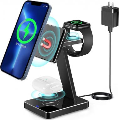 Aluminum Alloy 3 in 1 Magnetic Wireless Charger,15W Fast Wireless Charging Station Compatible with MagSafe Charger Stand iPhone 14 13 12 Pro/Pro Max/Mini/14 Plus,Apple Watch 8/7/SE/6/5/4/3,Airpods