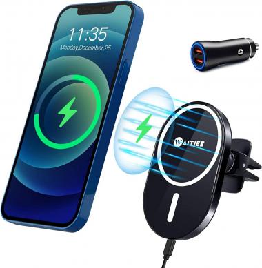 WAITIEE Magnetic Wireless Car Charger Compatible with Caseless iPhone 13/12 Series Phones and Magnetic Cases with QC3.0 Adapter, Fast Wireless Car Mount with Secure Air Vent Clamp, Black