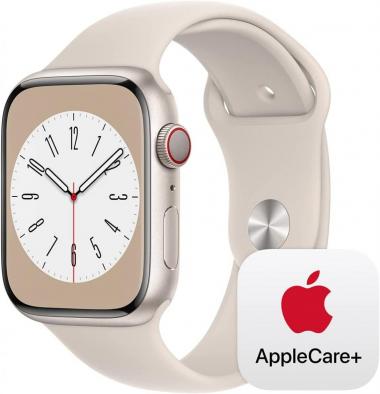 Apple Watch Series 8 [GPS + Cellular 45mm] Smart Watch w/ Starlight Aluminum Case with Starlight Sport Band - M/L with AppleCare+ (2 Years)