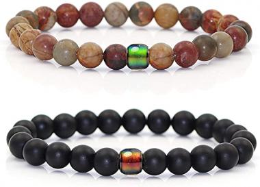 Gleamart 2 Pcs 8mm Stone Beads Bracelet with A Color Changing Mood Bead Gemstone Healing Power Bracelets for Men Women