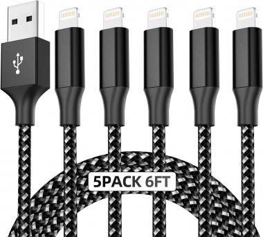 iPhone Charger Cable Apple Mfi Certified 5Pack 6/6/6/6/6ft Lightning Cable Fast Charging Nylon Braided Syncing Long Cord Compatible iPhone 13/12/Max/11Pro/11/XS/Max/XR/X/8/8P/7 and More