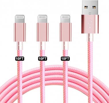 JIMROZ iPhone Chargers, [MFi Certified] Lightning Cable 3 Pack 10ft Nylon Braided Fast Charging Sync Cord Compatible with iPhone 11 Pro Max XS XR X 8 7 6s 6 Plus 5 5s, iPad, iPod and More, Pink