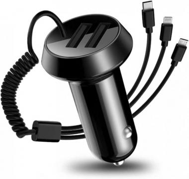 Quick Charge Car Charger, Dual Ports Car Charger Adapter with Stretchable Cable and 3 in 1 Fast Charging Cord for iPhone 13/Pro Max/Pro, 12/11, Samsung Galaxy, iPad, Camera for Most Cars (Black)