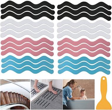 Qiodo 24 Pcs S-Shaped Anti Slip Shower Stickers in 4 Colors, Non-Skid Kid Safety Bathtub Strips Self Adhesive Decal with Scraper for Bathtub, Shower Room, Pools, Stairs, Ladders, Boats