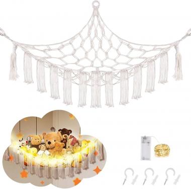 Stuffed Animal Hammock with LED Light, Toy Hammock for Stuffed Animals Storage for Kids Room Decor, Stuffed Animal Hammock Corner, White