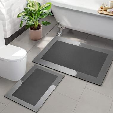 KMSON 2 Piece Bath Mat Set Bathroom Rugs, Napa Skin Non Slip Ultra Soft and Super Absorbent Diatomite Bath Carpet, Dirt Barrier Quick Dry Floor Door Mat Kitchen Rug Grey