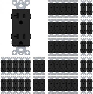 WEBANG Decorator Electrical Wall Outlet, Tamper-Resistant Duplex Receptacle, Residential Grade, 3-Wire, Self-Grounding, 2-Pole, 20A 125V, ETL Listed, 50 Pack, Black