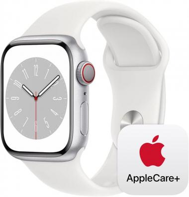 Apple Watch Series 8 [GPS + Cellular 45mm] Smart Watch w/ Silver Aluminum Case with White Sport Band - S/M with AppleCare+ (2 Years)