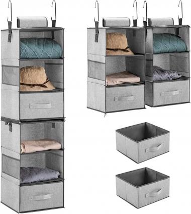 YOUDENOVA Hanging Closet Organizers with Drawers, Two 3-Shelf Separable Closet Hanging Shelves, Closet Hanging Organizer for Dorm, RV, Canvas, Grey