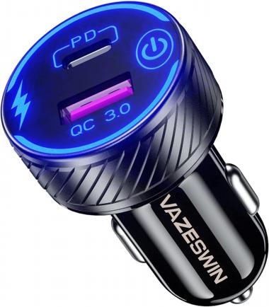 USB C Car Charger, VAZESWIN QC3.0 & PD Type C Dual USB Port Fast Car Charger Adapter, 30W 5A Fast Charge Car Phone Charger with Blue LED & Touch Switch