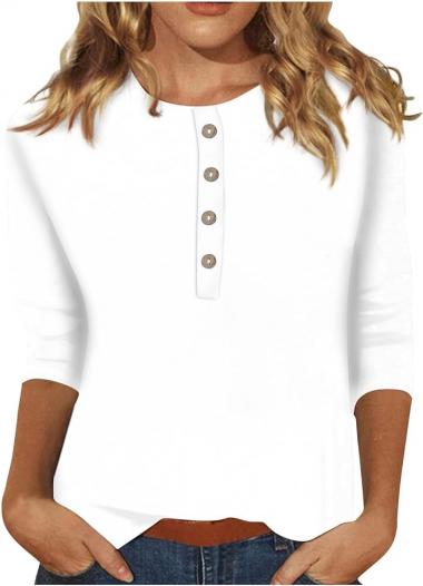 3/4 Length Sleeve Womens Tops Button Down Round Neck Summer Pullover Basic Version Trend Casual T-Shirt