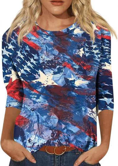 Womens 4th of July Shirt 2024 3/4 Sleeve Stars Stripes Print Tops