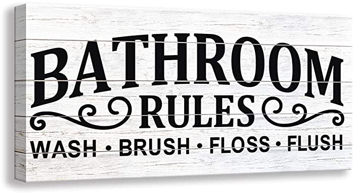 Kas Home Vintage Bath Canvas Wall Art Decor | Rustic Bathroom Rules Prints Signs Framed | Bathroom Laundry Room Decor (8 X 16 inch, Bathroom Rules - 02)