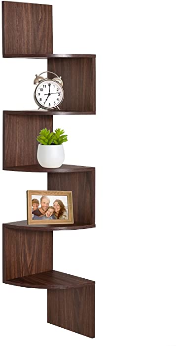 Corner Shelf, Greenco 5 Tier Floating Shelves for Wall, Easy-to-Assemble Wall Mount Corner Shelves for Bedrooms and Living Rooms, Rustic Walnut Finish