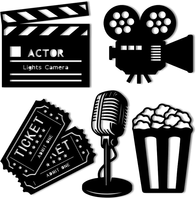 5 Pieces Movie Theater Decor Wooden Home Theater Room Decor Cinema Wall Art Movie Reel Theater Action Popcorn Ticket Sign Movie Night Decor Theme Party Decorations for Home Bedroom Office Studio