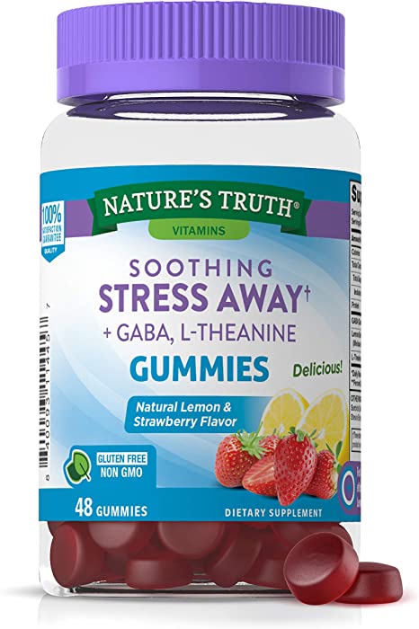 Stress Away Gummies | 48 count | with Gaba and L Theanine | Non GMO, Gluten Free Stress Relief Supplement | Lemon Strawberry Flavor | by Nature's Truth