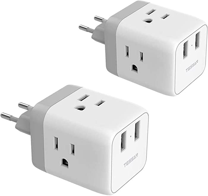 European Travel Plug Adapter 2 Pack, TESSAN 3 American Outlets Adapter with 2 USB Ports, Type C Travel Power Outlet Adaptor, US to Most of Europe EU Iceland Spain Italy France Germany