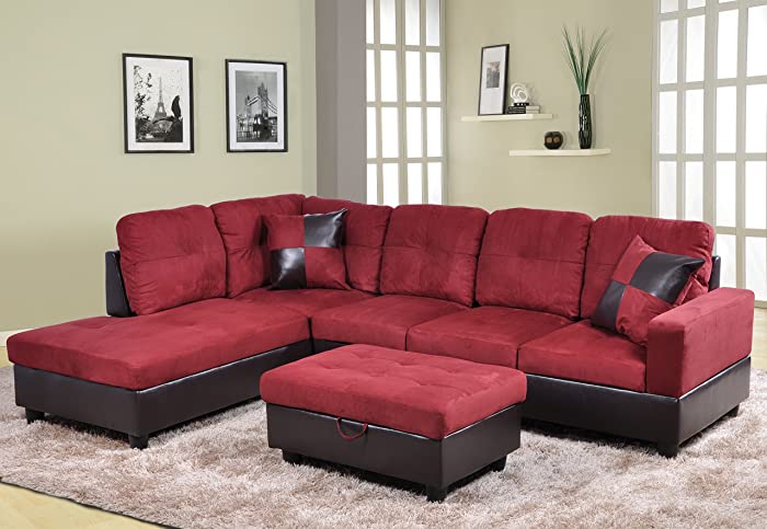Beverly Fine Furniture Andes Microfiber with Faux Leather Sofa Set With Ottoman, Red Raspberry