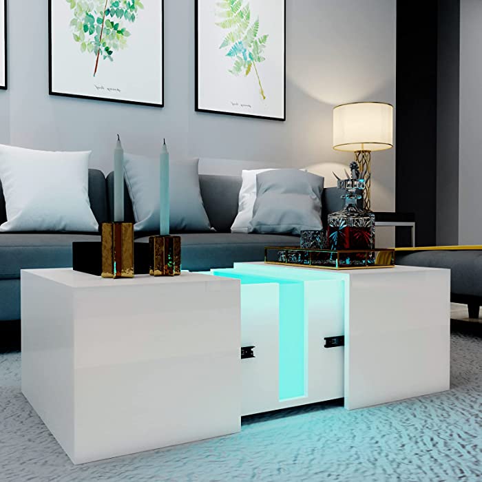 Modern Coffee Table with Romote Multi-Colors LED Light/Hidden Compartment Creative Retractable Acrylic RGB Round Light Living Room End Table, 47.2x22.6x12.75inch.(LxWxH),White