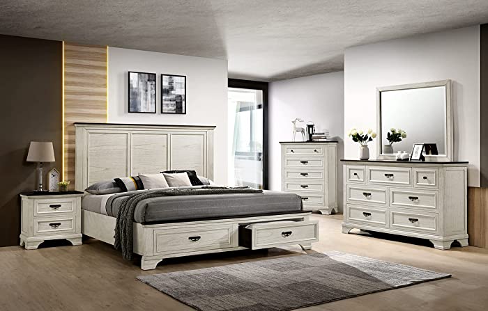 Kings Brand Furniture - 6-Piece Louise Wash White King Size Bedroom Set. Bed, Dresser, Mirror, Chest & 2 Nightstands