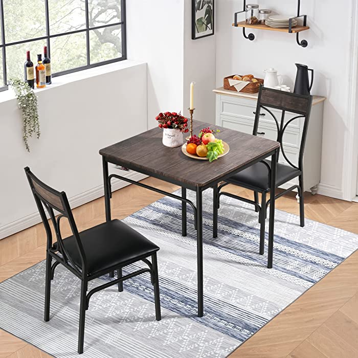 VECELO Modern Industrial Style 3-Piece Dining Room Kitchen Table and Pu Cushion Chair Sets for Small Space, 2, Brown