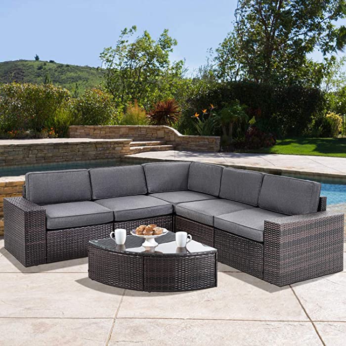 Patiomore 6 Pieces Outdoor Sectional Sofa Patio Wicker Furniture All-Weather Wicker Rattan Chair Conversation Set with Tempered Glass Table, Grey