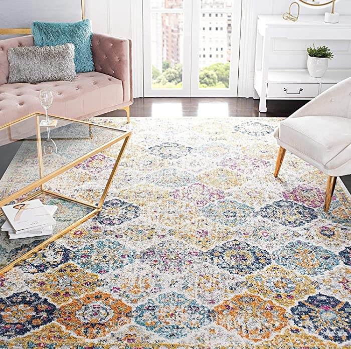 SAFAVIEH Madison Collection MAD611B Boho Chic Floral Medallion Trellis Distressed Non-Shedding Living Room Bedroom Dining Home Office Area Rug, 9' x 12', Cream / Multi