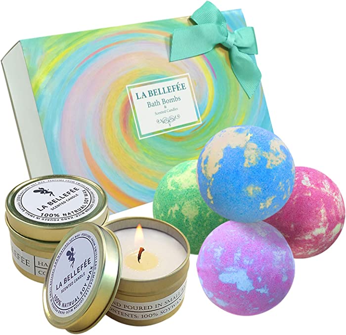 Bath Bombs Scented Candles Set, Handmade Essential Oil Relaxing Bathbombs, Bubble Spa. Bath Bombs for Women Gifts for Women. Fizzy to Moisturize Dry Skin (4 Bath Bomb+2 Candles)