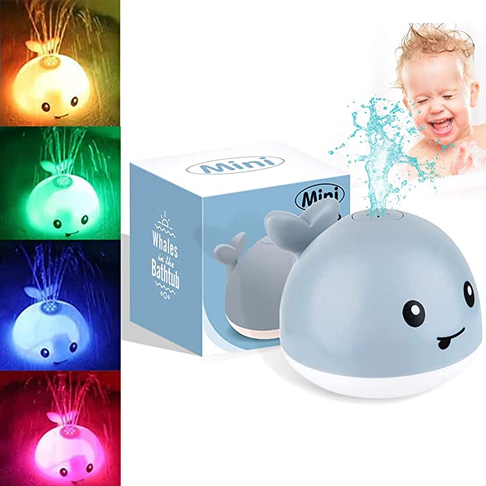 Whale Baby Bath Toys, Fountain Light Up Baby Pool Toddlers Toy with LED Light Whale Spray Water Toy for Kids, Induction Sprinkler Bathtub Toys Bathroom Shower Swimming Pool Outdoor Water Toy (Gray)