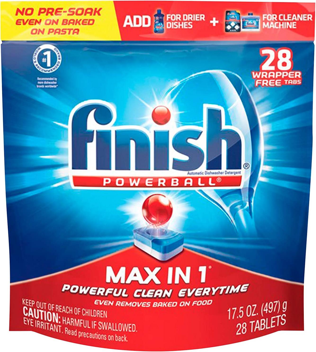 Finish Max in 1 Powerball, Wrapper Free Dishwasher Detergent Tablets, 28 Count