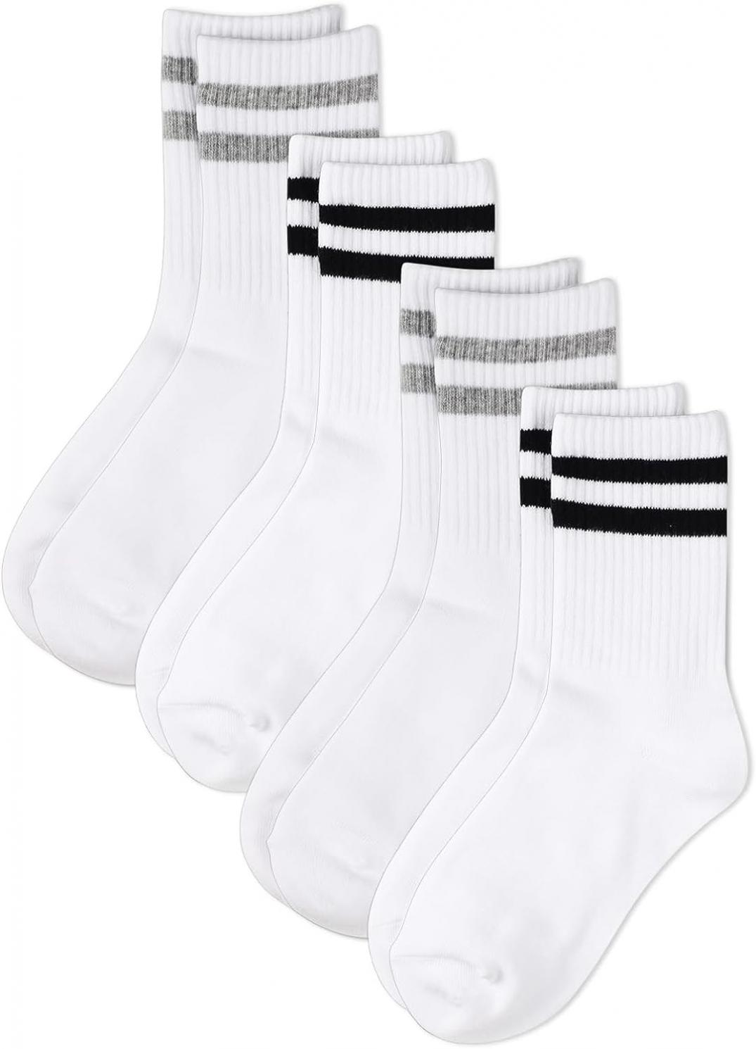 COTTON DAY Unisex Little Kids Youth Boys Girls Soft Cotton White Athletic Socks with Stripes