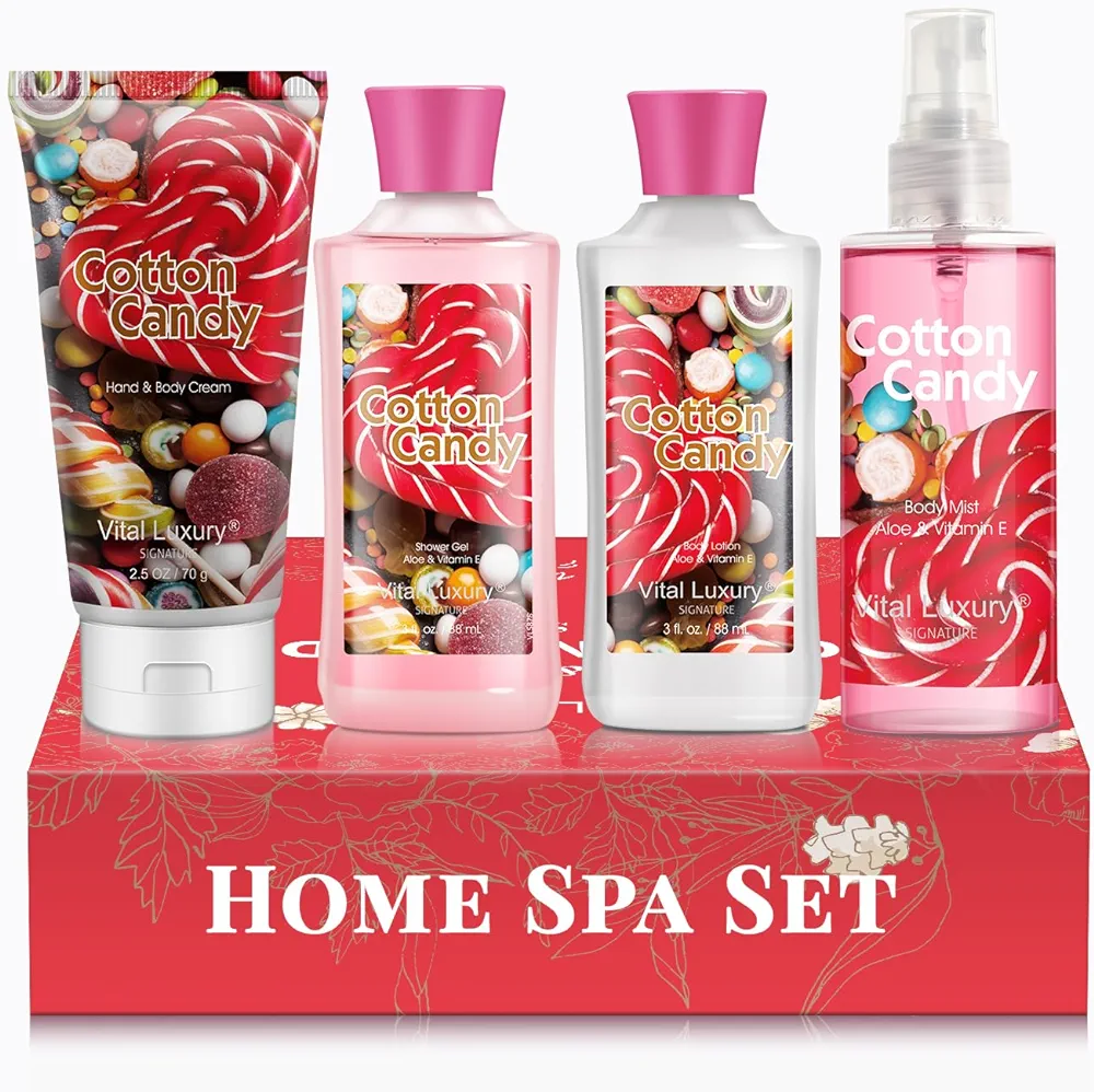 Vital Luxury Cotton Candy Bath & Body Kit - 3 Fl Oz, Ideal Skincare Gift Home Spa Set Including Body Lotion, Shower Gel, Body Cream, and Fragrance Mist - Perfect Christmas Gifts for Her and Him