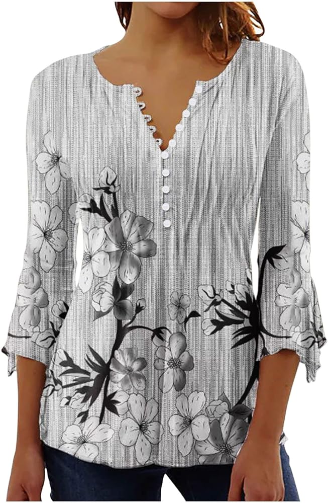 Ceboyel Womens Floral Printed Tunic Tops Button Down Henley Shirts Blouses Elbow Sleeve Casual T-Shirts Trendy Ladies Outfits