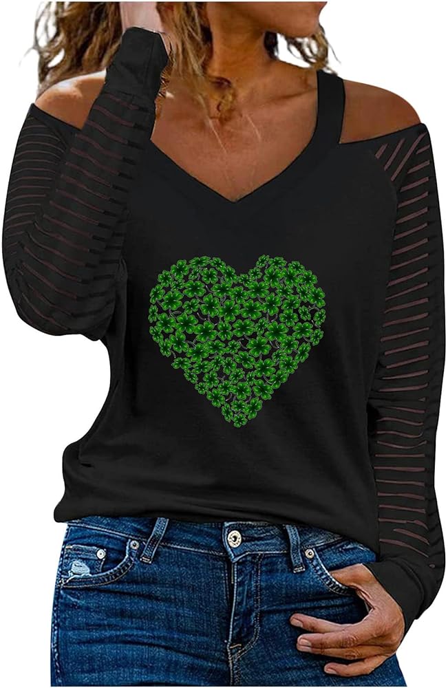 St Patricks Day Shirt for Women Long Sleeve Cold Shoulder V Neck Green Irish Shamrock T-Shirt Cute Heart Graphic Tees 2024