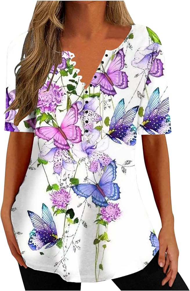 DASAYO Short Sleeve Tunics for Women Summer Casual Half Button V Neck Vintage Floral Shirts Loose Fitting Ladies Blouses