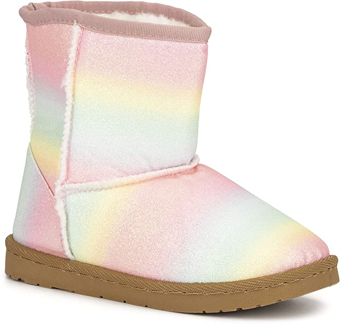 Olivia Miller Kid's Girl Fashion Shoes, Rainbow Multicolor Faux Suede Fur Rubber Sole Slip On Round Toe Winter Snow Casual Classic Pull On Bootie Ankle Boots