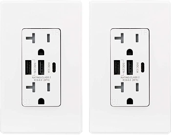 ELEGRP 30W 6.0 Amp 3-Port USB Wall Outlet, 20 Amp Receptacle with USB Type C Type A Ports, USB Charger for iPhone, iPad, Samsung, LG, HTC and Android Devices, UL Listed, with Wall Plate, 2 Pack, White