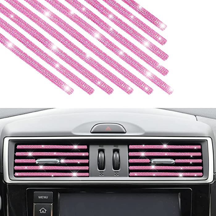 AUKEPO 10 PCS Bling Car Air Vent Outlet Trim, Rhinestone Air Conditioner Decoration Strip for Vent Outlet, Universal Bendable Trim Interior Accessories for Most Air Vent Outlet (Pink)