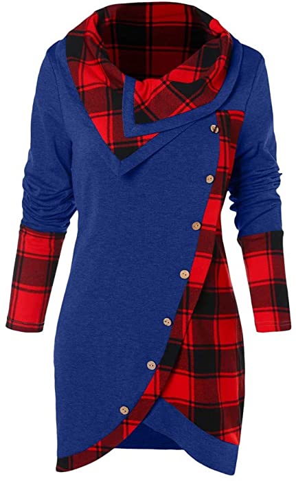 Womens Long Sleeve Cowl Neck Buttons Splicing Tunic Tops Casual Plaid Side Split Irregular Hem Pullover Spring Blouses