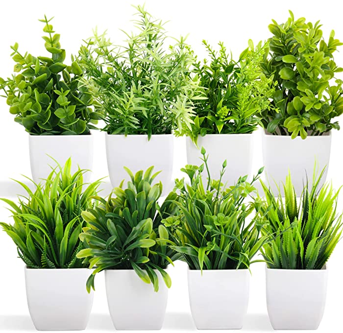Fake Plants Mini Potted Artificial Plants, 8 Pack Artificial Plastic Eucalyptus Plants Small Houseplants Greenery in Pots Indoor, Small Faux Plants Decor for Home Bathroom Office Farmhouse Desk Shelf