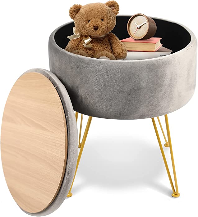 Velvet Round Storage Ottoman with Golden Metal Legs, Coffee Table Tray Cover Footstool Makeup Vanity Stool with Storage Modern Furniture for Living Room Bedroom, Grey