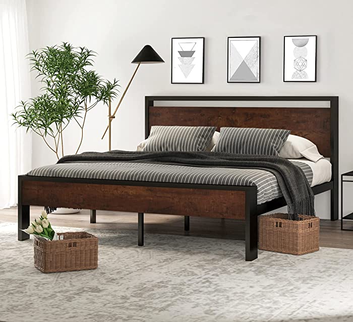 SHA CERLIN 14 Inch King Size Metal Platform Bed Frame with Wooden Headboard and Footboard, Mattress Foundation/No Box Spring Needed, Large Under Bed Storage, Non-Slip Without Noise, Modern Mahogany