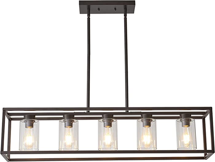 XILICON Oil Rubbed Bronze Farmhouse Chandelier Dining Room Lighting Fixture Hanging 5 Light Kitchen Island Lighting with Glass Shade for Dining Room