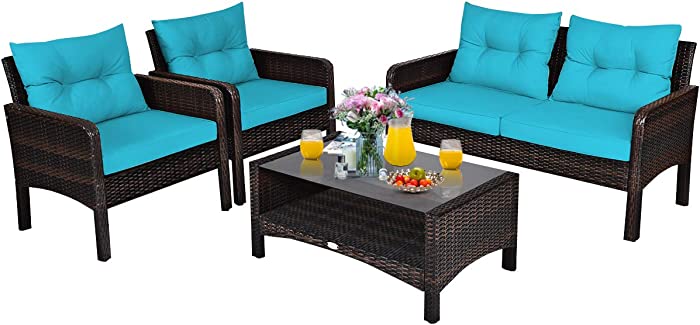 Tangkula 4 Piece Patio Furniture Set, Outdoor Wicker Conversation Set with Glass Top Coffee Table, All Weather Proof and Thick Cushions, Suitable for Porch, Garden, Poolside and Lawn (Turquoise)