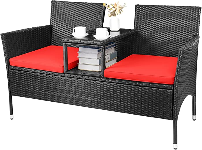 JUMMICO Patio Furniture Outdoor Loveseat 2-Seat Rattan Sofa Chairs with Built-in Table & Cushion Wicker Bistro Conversation Set w/Storage Space for Porch, Lawn, Backyard, Poolside (Red)