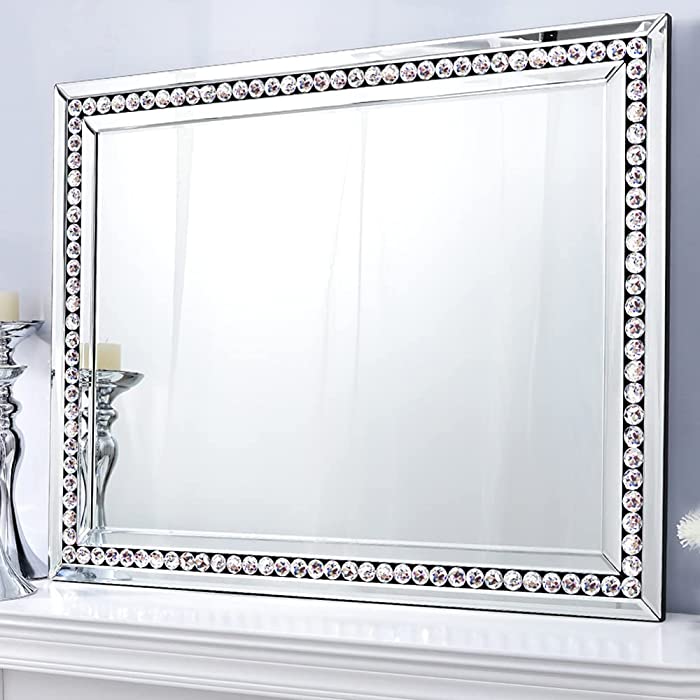 Autdot Wall Mirror Decorative for Living Room, 36" X 28" Rectangle Large Mirror with Crystal, Beveled Accent Mirror for Bathroom, Entryway, Foyer