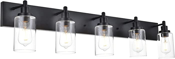MELUCEE 5-Light Farmhouse Bathroom Light Fixtures Black Finish, Indoor Wall Mount Light Fixtures with Clear Glass Shade, Industrial Vanity Light Above Mirror Sink Cabinet