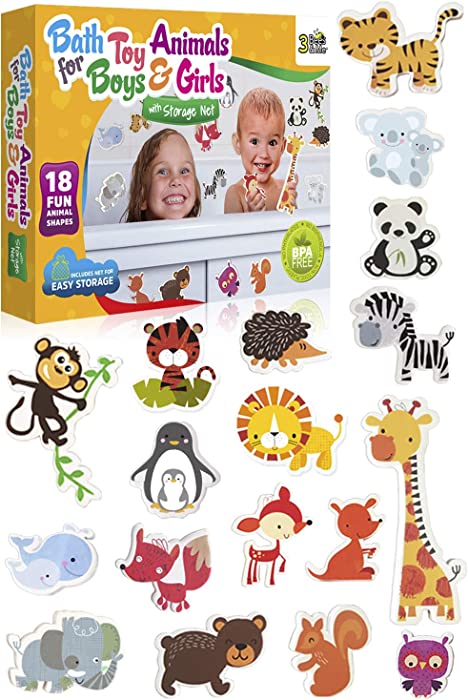 3 Bees & Me Animal Bath Toys for Boys and Girls – Fun Foam Animals with Bath Toy Storage Bag – 18 Piece Kids Bath Set for Toddlers and Kids