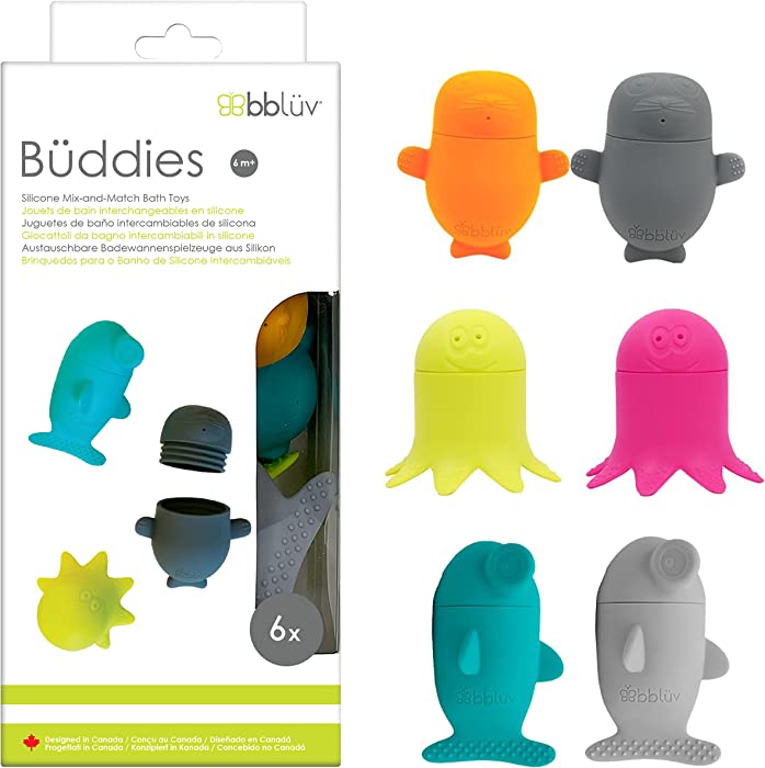 bblüv Büddies Fun Baby Bath Toys - Floating Squirt Water Ocean Animals for Infant & Toddler, Silicone Bath Toys with Interchangeable Parts, for 6 Months and Older